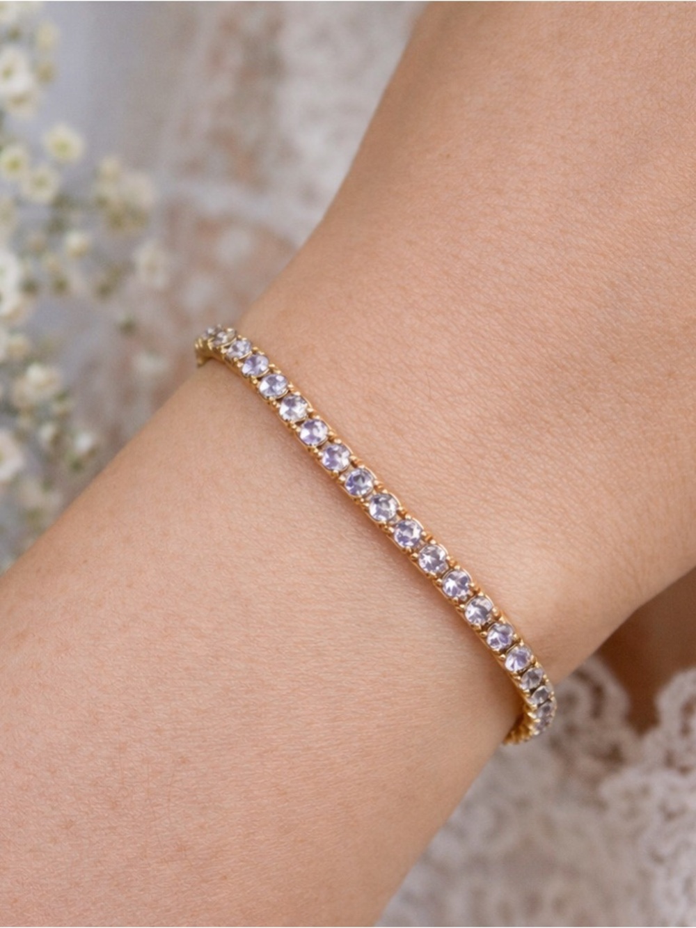 Dainty Vintage Gold Tone Lavender Rhinestone Tennis Bracelet 7 Inch Delicate